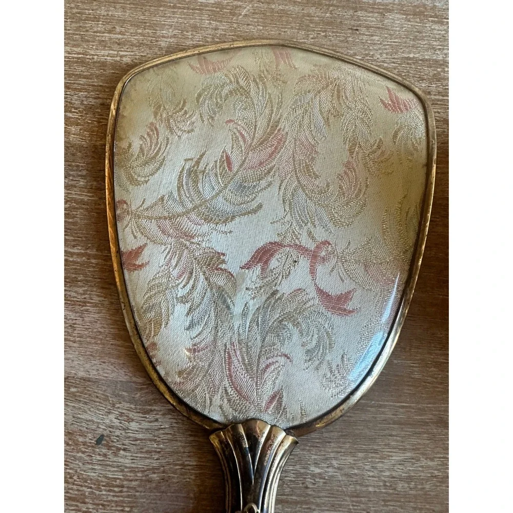 Vintage Gold Tone Vanity Set Hand Mirror Hair Brush Floral Embroidery Art Deco